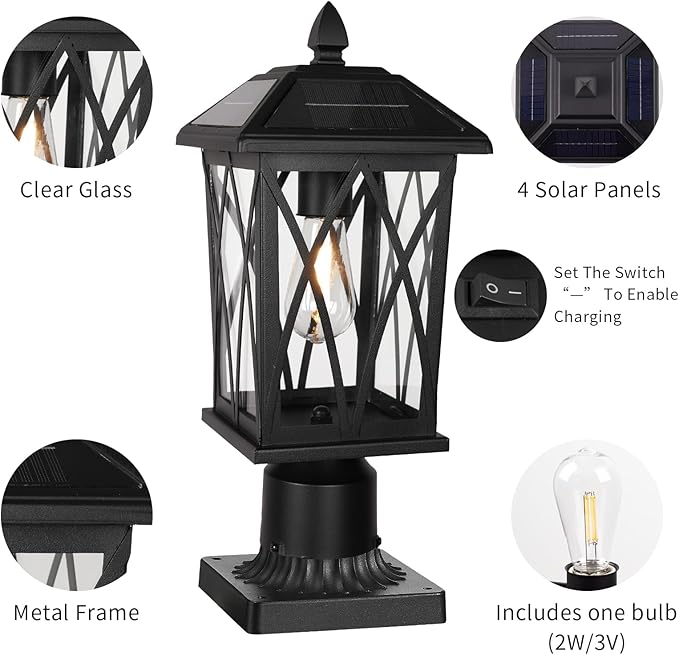Treekee Solar Outdoor Post Light Black Rustic Outside Pillar Lantern with Clear Glass Waterproof LED Solar Powered Lamp for Patio Garden Pathway Porch Garage Fence (Bulb Included)