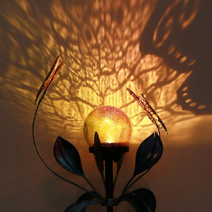 VCUTEKA Solar Lights Outdoor Metal Garden Stake Waterproof Crackle Glass Globe Garden Decor Butterfly for Pathway Lawn Patio Yard