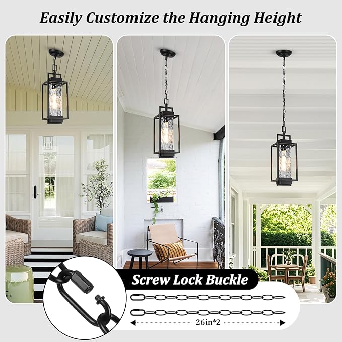 BesLowe 15” Outdoor Pendant Light with LED Bulb Modern Hanging Lantern Light for Outside with Water Ripple Glass Black Exterior Pendant Lighting Fixture Outdoor Chandelier for Front Porch Gazebo
