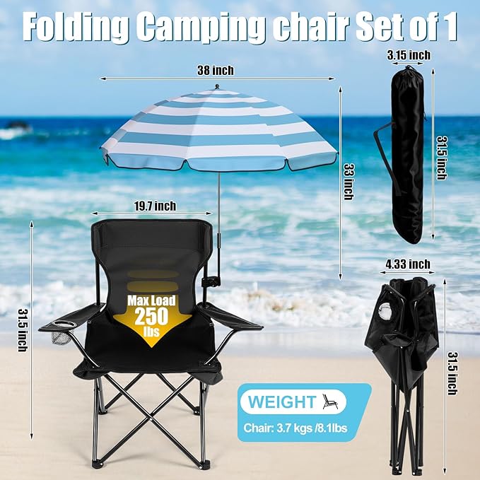 1 Set Beach Chair with Umbrella Foldable Camping Chair Fold up Umbrella with Universal Clamp Large Portable for Outdoors Fishing Camping Hiking Travel Picnic Beach(BlackBlueWhiteStriped)
