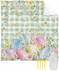 Beach Blanket Waterproof Sandproof Easter Egg Green Check Quick Drying Beach Mat with 4 Stakes Spring Flower Leaf Pastoral Style Lightweight Picnic Blanket for Travel Camping Outdoor 83x79