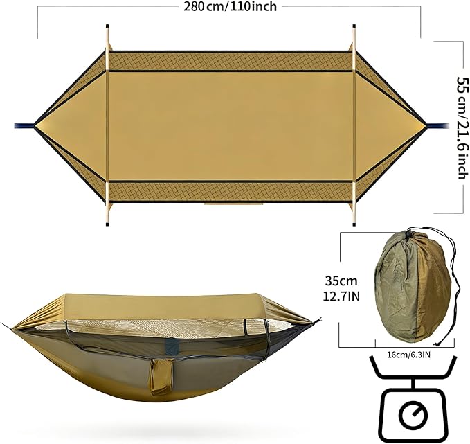 Flat Lay Hammock Tent with Mosquito Net &amp Rainfly Camping Hammock Shelter with Aluminum Poles &amp Tree Straps Portable Backpacking Hammock for Hiking Camping Travel 330lbs Capacity
