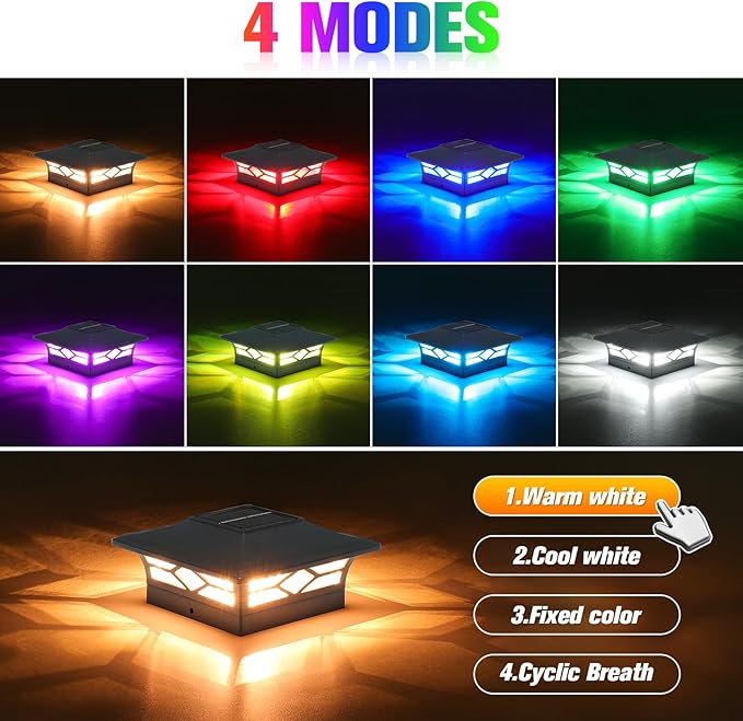 VOLISUN Solar Post Cap Light Outdoor Waterproof: RGB Color Changing - Solar Fence Cap Flashing Lights 8Pack Black for 4x4 5x5 6x6 Wooden Vinyl Post