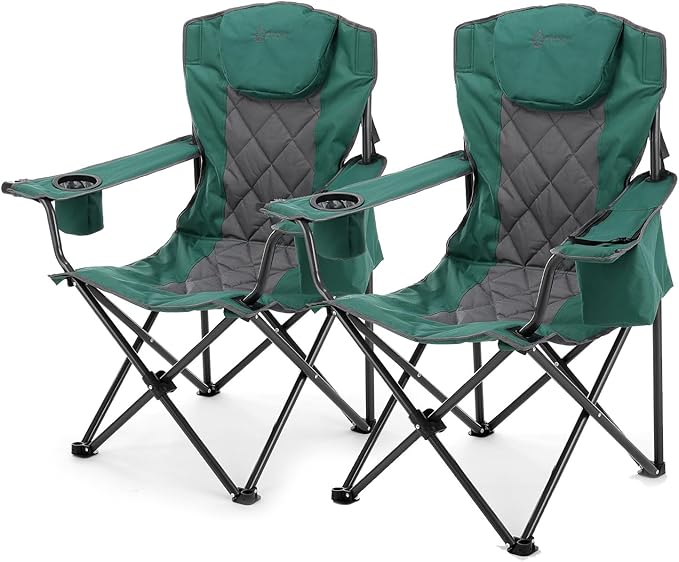 ARROWHEAD OUTDOOR 2-Pack Portable Folding Camping Quad Chair w/ 6-Can Cooler Cup &amp Wine Glass Holders Heavy-Duty Carrying Bag Padded Armrests Headrest &amp Seat Supports up to 550lbs