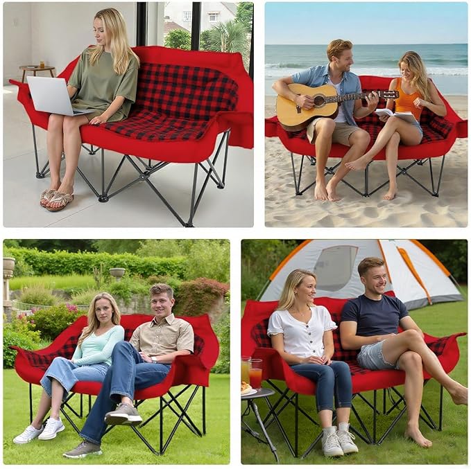 Heated Double Camping Chair with 2 Battery Padded Camping Couch with 3 Heat Levels and 4 Heating Zones Oversized Camp Loveseat Support 800lbs for Soccer Games Tailgating RV Travel Beach Days