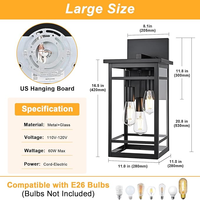 3 Lights Large Outdoor Wall Sconce LightsBlack Modern Outdoor Wall Light FixturesExterior Lighting Fixtures Waterproof Outside Front Porch Lantern for HousePatioGarage with E26 Base