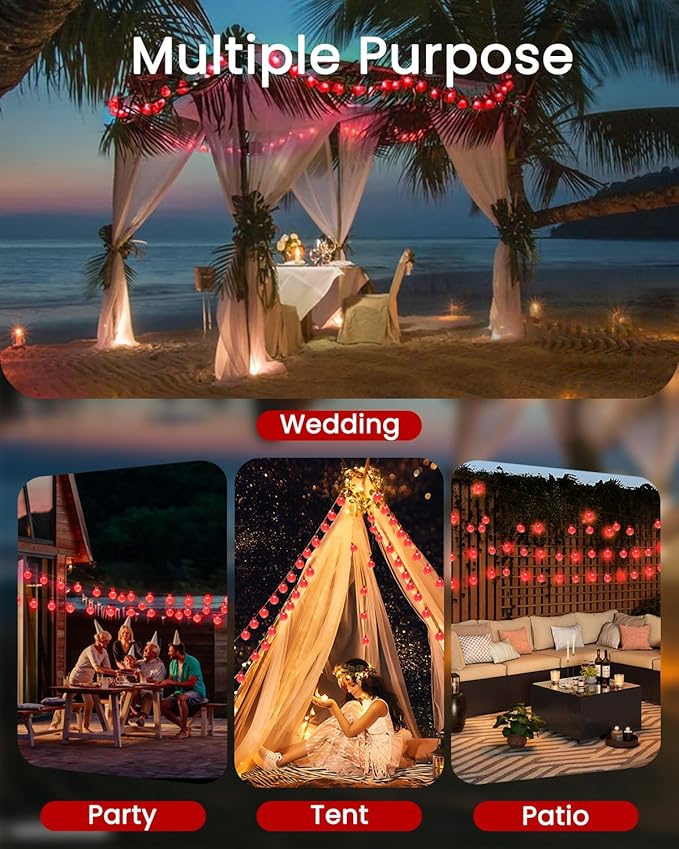 2-Pack 100 LED Red Solar String Lights Outdoor - 64FT Crystal Globe Waterproof Solar Powered Lights for Outside with 8 Lighting Modes for Patio Decorations Garden Party Porch Wedding Yard