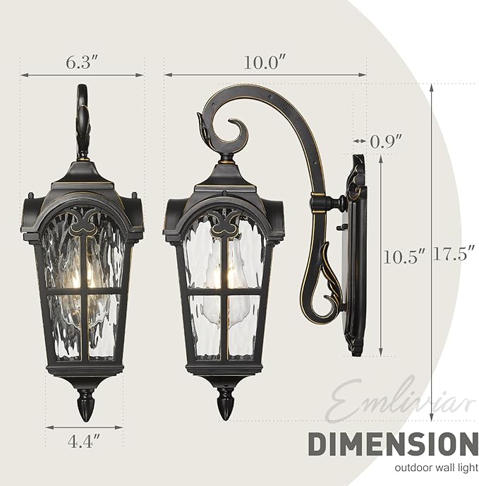 Emliviar Vintage Outdoor Lighting Fixture Wall Sconces with Water Ripple Glass 17.5 Front Porch Wall Lantern Black Finish with Gold Edges WE215B-SW BG