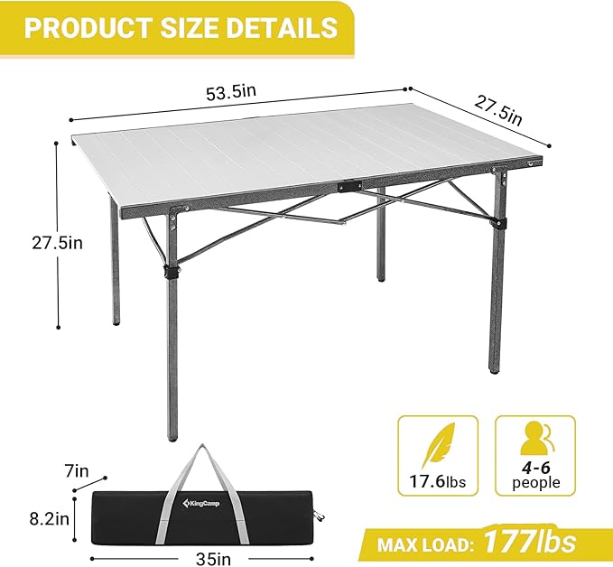 KingCamp Aluminum Folding Camp Table - Lightweight Portable Roll Up for Outdoor Camping Picnic Barbecue