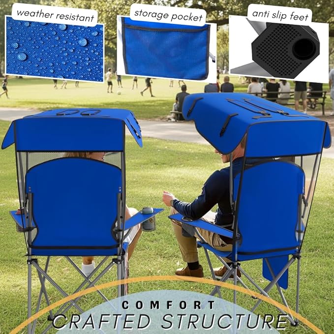 Portable Folding Camping Chairs with Canopy Shade Beach Chair for Adults Durable Weather Resistant 600D Oxford Cloth Camping Chair with Canopy for Outdoors [Blue]