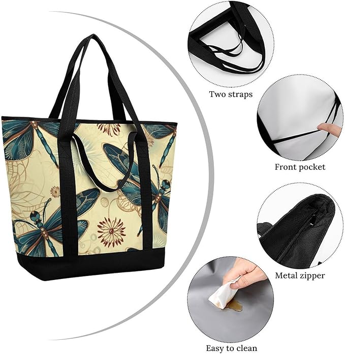 Insulated Shopping BagLarge Reusable Cooler Bags Dragonfly Printed Foldable Shopping BagTravel Waterproof Shoulder Bag