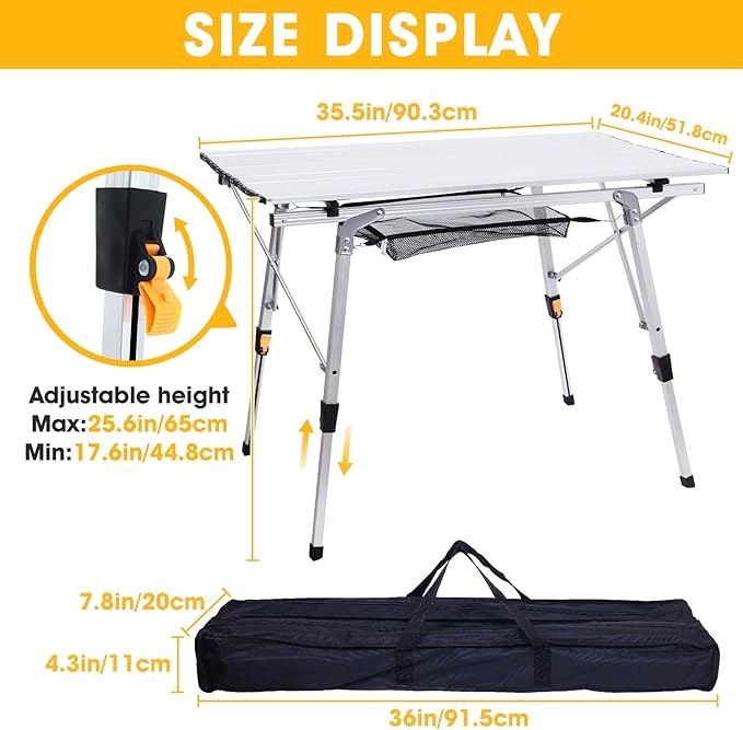 ERYTLLY Folding Camping Table Outdoor Portable Picnic Table with Adjustable Legs Lightweight Aluminum Beach Table with Roll Up Table Top and Mesh Layer for Backyards BBQ and Party
