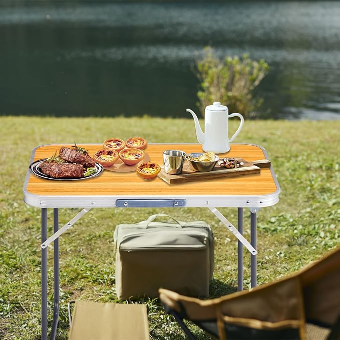 Folding Camping Table2.3FT Aluminum Folding Picnic TableHeavy Duty Utility TableIndoor Outdoor Portable Lightweight with Carrying Handlefor BackyardPicnicPartyBBQ (Wood Grain)