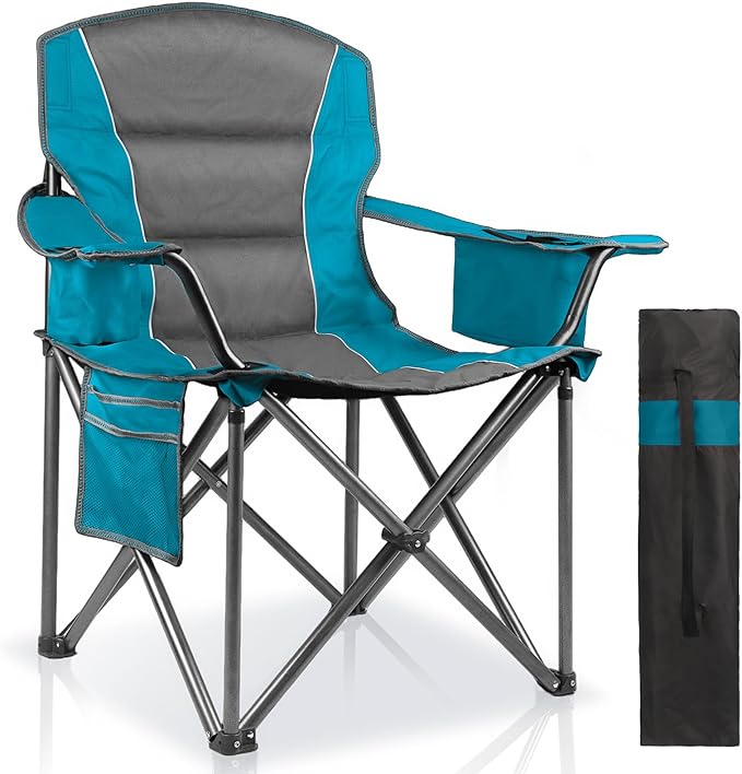 Oversized Padded Camping Chairs for AdultsHeavy Duty Support 400 LbsFolding Portable Lawn Chair w/Cup HolderCooler BagSide PocketPerfect for Outdoor PicnicHiking(Blue)
