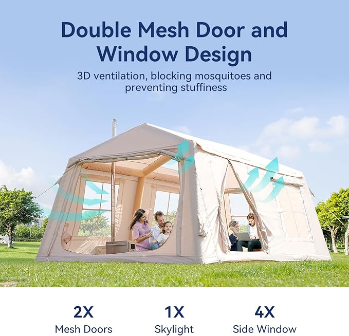 Inflatable Tent for Camping Waterproof Oxford Large Blow Up Hot Tent with Pump Easy Setup Inflatable Glamping House Air Tent for Family 4/6/8/10/12 People