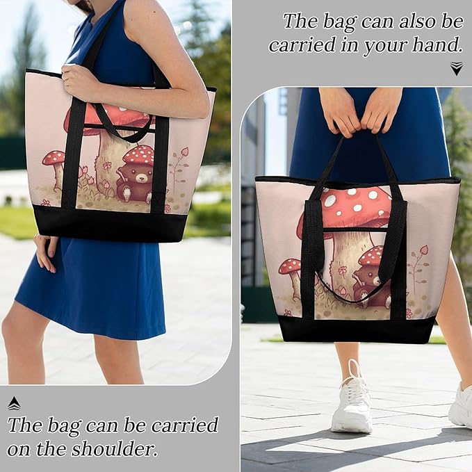 Insulated Shopping BagLarge Reusable Cooler Bags Bear And Mushroom Printed Foldable Shopping BagTravel Waterproof Shoulder Bag