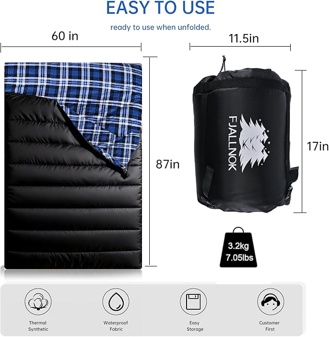 Double Sleeping Bag Cotton Flannel for Camping Backpacking Or Hiking. Queen Size 2 Person Waterproof Sleeping Bag for Adults Or Teens. Lightweight with Compression Sack