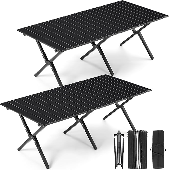 Suzile 2 Pack 4FT Folding Camping Table Roll Up Portable Camp Table with Carry Bag Low Collapsible Lightweight Aluminum Outdoor for Camping Picnic Beach Patio Kitchen(Black)