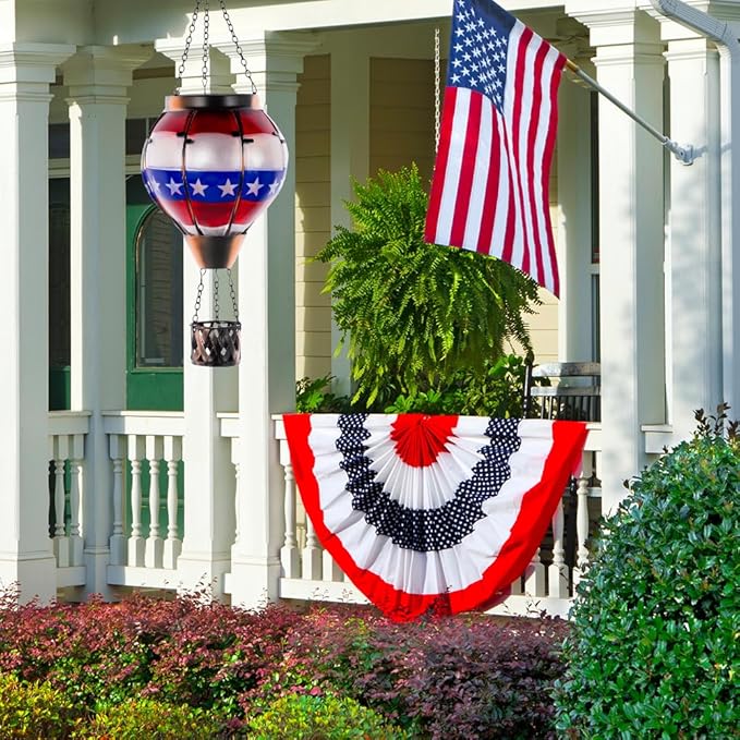 DREAMSOUL 2 PCS Flag Solar Hot Air Balloon Lantern with Flame Hanging Waterproof Solar Lanterns Outdoor Waterproof Flag Day for Patio Garden Decor Fourth of July Decorations