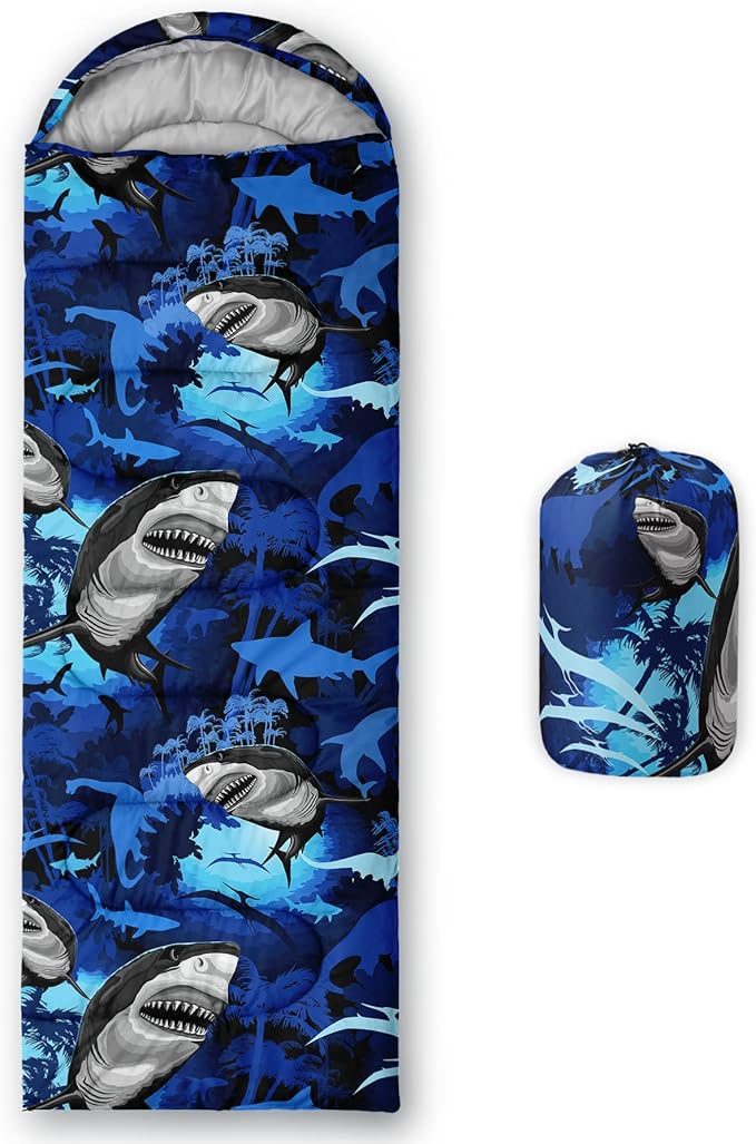 BailiPromise Shark Printed Camping Sleeping Bags3 Season Warm &amp Cool WeatherLightweightWaterproof Sleeping Bags for Adults &amp KidsTravelingand OutdoorsCamping Gear Equipment31x90inch St