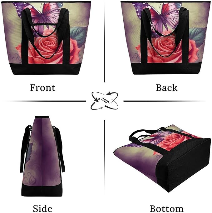 Insulated Shopping BagLarge Reusable Cooler Bags Butterfly And Rose Printed Foldable Shopping BagTravel Waterproof Shoulder Bag