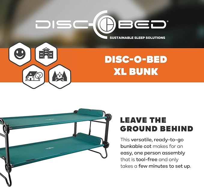 Disc-O-Bed Extra Large Portable Bunk Camping Cots with Carry Bags - Heavy-Duty Indoor or Outdoor Sleeping System Converts to Bench or Separate Beds 500 lb Weight Capacity Per Cot Green