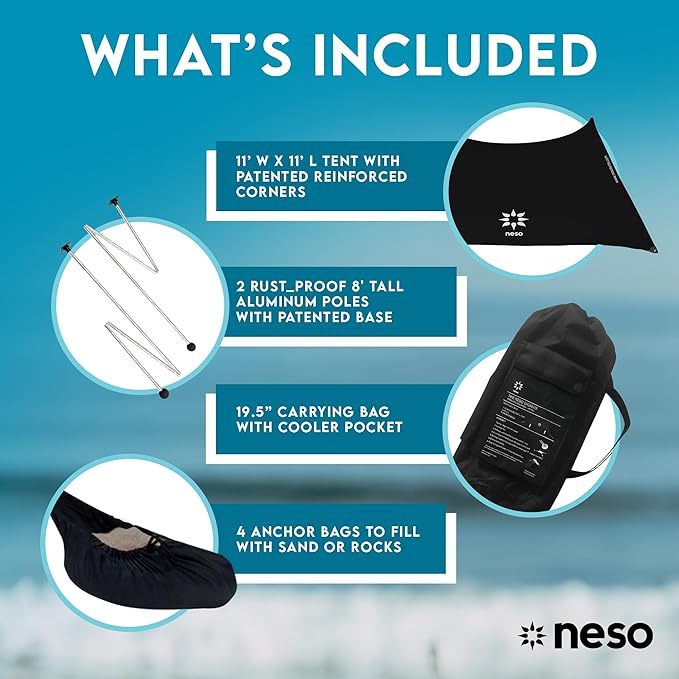 Neso Gigante Portable Beach Tent Sun Shelter - Lightweight Beach Shade Canopy - Easy Setup for Family Outings - Patented Reinforced Corners - UPF 50+ Sun Protection - 8ft Tall 11 x 11ft - Black