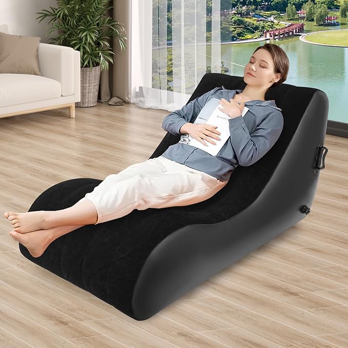 Air Mattress Bed S-Shape Inflatable Sofa with Pump Inflatable Chair Air Couch Flocked Surface Waterproof Portable Blow Up Bed for Camping Lounge Beds for Afternoon Rest (Black)