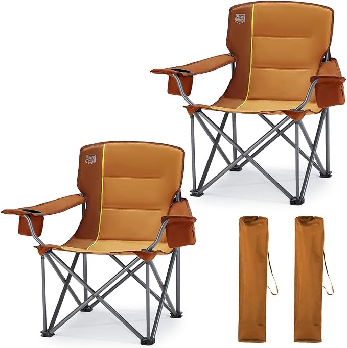 TIMBER RIDGE Oversized Folding Camping Chair for Adults Support 550 LBS Heavy Duty with Cup Holder Side Pocket for Camp Lawn Picnic Orange 2 Pack