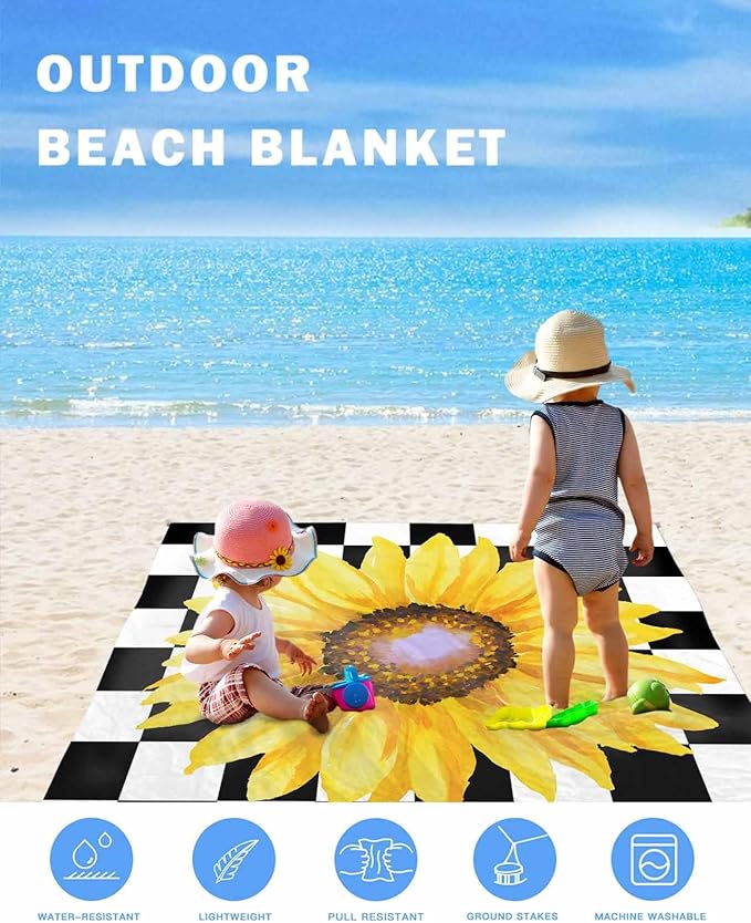 Beach Blanket Waterproof Sandproof Watercolor Sunflower on Checkered Quick Drying Beach Mat with 4 Stakes Yellow Black White Lightweight Picnic Blanket for Travel Camping Outdoor 118x108