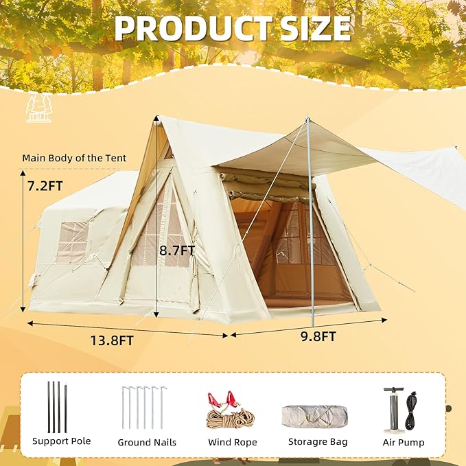 EROMMY 4/6/8/12 Person Inflatable Tent with Skylight 4 Season Blow Up Tents with Hand Pump for Outdoor Camping &amp Hiking Easy Set-up Windproof Sunproof Waterproof