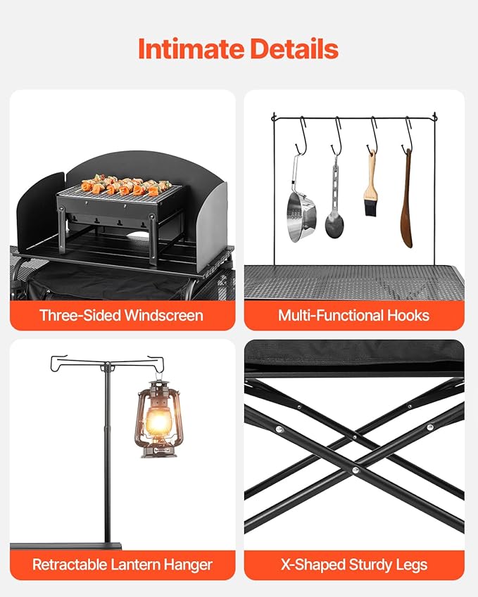 VEVOR Camping Kitchen Table Outdoor Camp Cooking Table Aluminum Portable Cook Station with 3 Storage Cupboard Carrying Bag Detachable Windscreen Quick Set-up for BBQ Party Picnic RV Travel Black