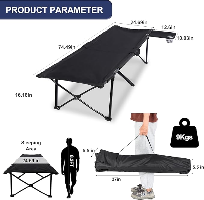 YSSOA Folding Camping Cot with Table for Adults Portable and Lightweight Sleeping Bed for Outdoor Traveling Hiking Easy to Set up Black