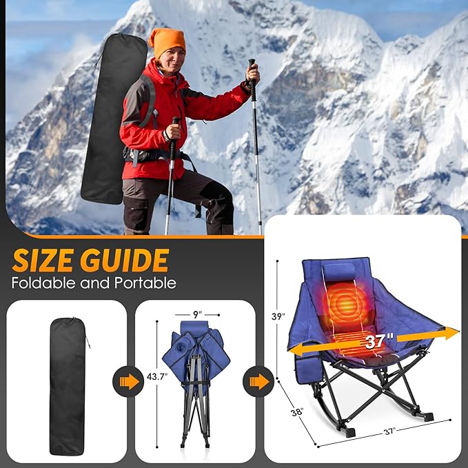 Suteck Heated Rocking Camping Chair Oversized Heated Camping Chair W/20000mAh Power Bank &amp Carry Bag Fully Padded Heated Chairs for Outdoor Sports W/3 Heat Levels for Back &amp Seat Lawn Picni