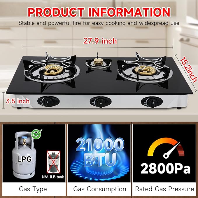 Propane Gas Cooktop3 Burners Gas Stove portable 0.28Tempered Glass Auto Ignition Camping 3 Burner LPG for RVApartmentsOutdoor