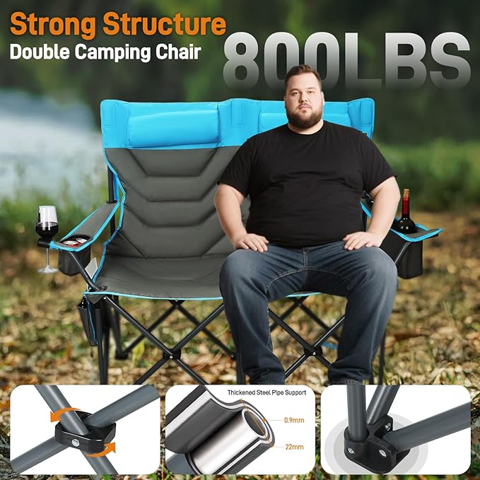 Oversized Double Camping Chair Heavy Duty Camping Loveseat Extra Tall 2 Person Lawn Chair for Adults Foldable Camping Chairs with Cup Holders Perfect for Outdoor Sports Backyard(Bluegray)