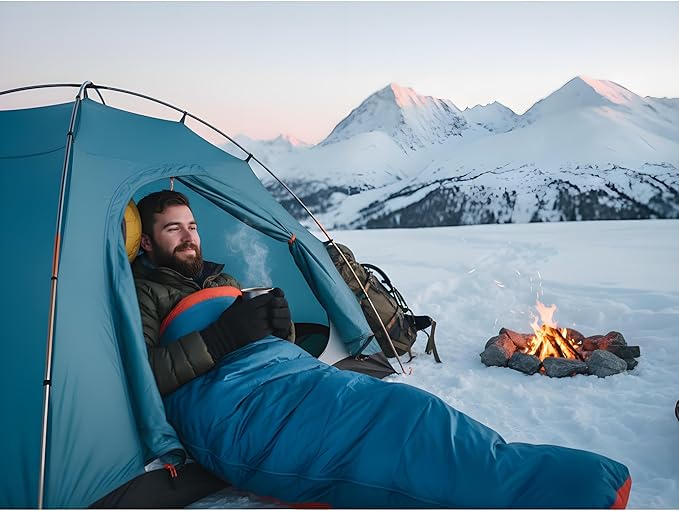 Breathable Recycled Polyester Sleeping Bag 35°F Adult Rectangular for Cool Weather Camping Lightweight and Soft Blue Envelope Design with Carry Bag