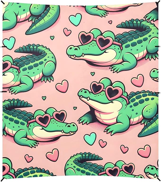 Cartoon Alligator Crocodiles Sunbathing Heart Glasses Pink Camping Sun Shelter Beach Tent Portable Beach Sun Shade Outdoor Canopy for Camping Trips Fishing Picnic