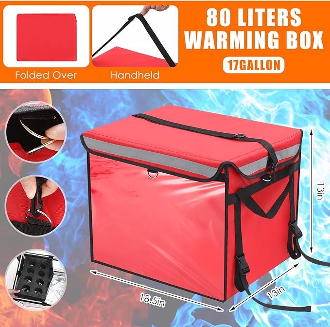 Insulated Food Delivery Bag for Bike with Rear Rack Pizza Delivery Box with Shoulder Belt and Internal Accessories Waterproof Internal Dimensions(Red18.5 x 13 x 13 Inches)