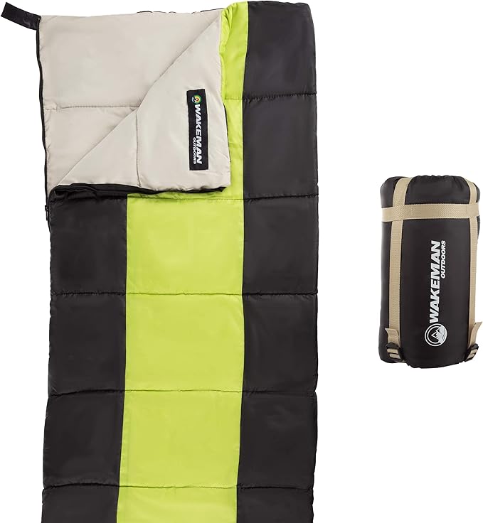 Kids Sleeping Bag - Lightweight Carrying Bag with Compression Straps for Camping Backpacking and Sleepovers by Wakeman Outdoors (Neon Green/Black)