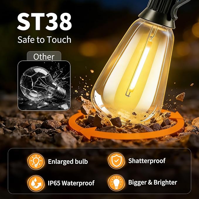Solar Lights Outdoor Waterproof: ST38 82FT 25M Shatterproof Bulbs Patio Lights - Solar Powered &amp USB Charging- Remote Control 3 Light Modes Dimmable Solar Light - Camping Backyard Garden