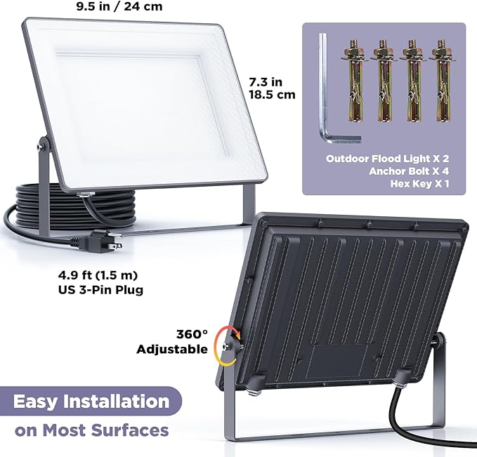 100W 12000LM Flood Lights Outdoor Bright LED Work Light with Plug 6500K Daylight White LED Flood Lighting Security Yard Lights Waterproof for Garage Yard Porch 2 Pack
