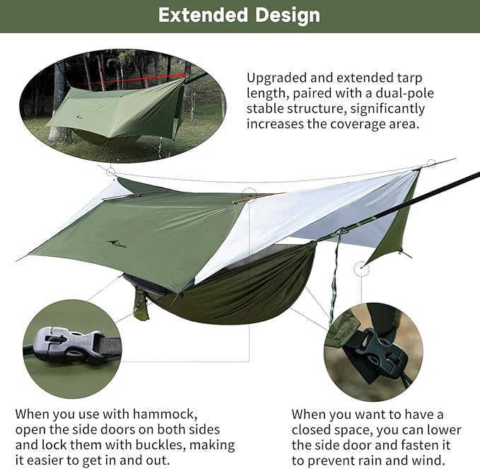 14ft Hammock Rain Fly Lightweight Waterproof Camping Tent Tarp with Doors and Dual Support Poles Bushcraft Tarp Shelter for Backpacking Hiking Camping