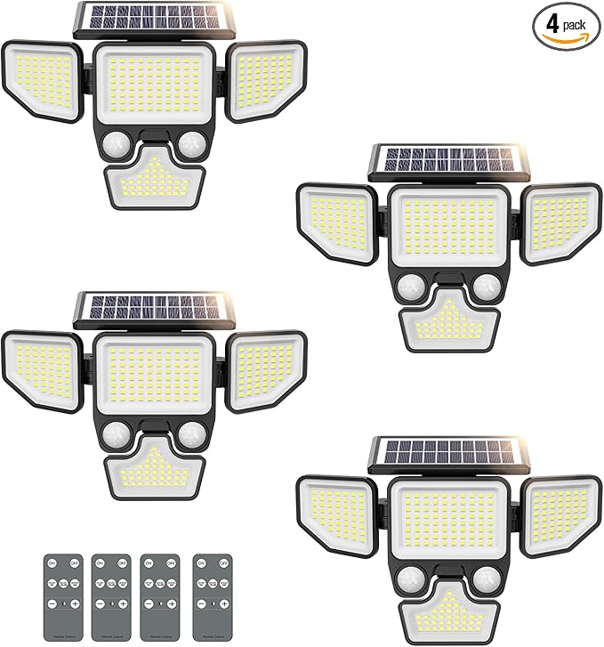 Onforu 3000LM Solar Lights Outdoor 4 Heads Solar Security Lights with Remote Control 180 LEDs IP65 Waterproof Motion Sensor Lights 3 Modes Flood Lights for Wall Porch Yard Outside 4 Pack