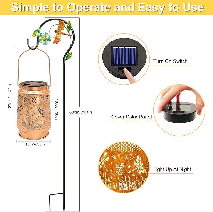Solar Lanterns Outdoor Waterproof Dragonfly Garden Decor Gifts for Women Mom Grandma Birthday Hanging Solar Lights Metal LED Decoration with Shepherd Hook Outside for Yard Patio Lawn Porch