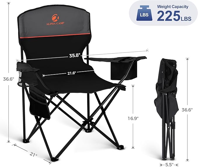 LET'S CAMP Camping Chair 2 Pack Folding Chair with 3-Can Cooler Bag Portable Lawn Chair with Cup HolderStorage Pocket Supports 225LBS Collapsible Chair for Camp Beach Picnic (Black)