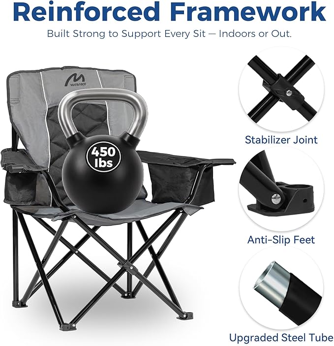 Oversized Padded Camping Chair Heavy Duty Steel Frame 450 lb Capacity Folding Camp Chair with 6-Can Cooler Carry Bag for Outdoor Camping Beach Hiking(Gray &amp Black)