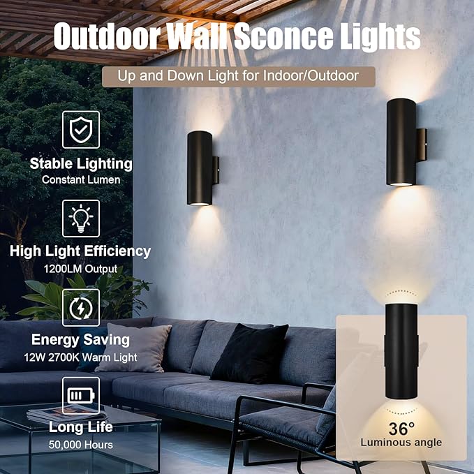 Modern Outdoor Cylinder Wall Lights 10.24 Porch Light 2700K Warm White Up Down Lights Matte Black Waterproof Wall Sconce Aluminum Exterior Light Fixture Wall Mount
