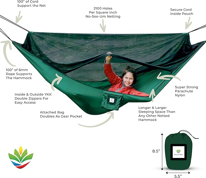 Hammock with Mosquito Net - Fully Reversible Bug Free Hammock Tent Extra Large Sleeping Space Bug Proof Netting &amp Suspension - Change The Way You Camp with Hammock Bliss Quality - No-See-Um No M