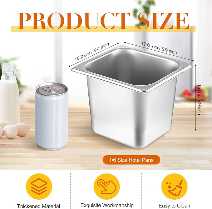 Thenshop 10 Pack 1/6 Size 6 Inch Deep Hotel Pans Stainless Steel Steam Table Food Pan Commercial Metal Food Catering Tray Anti Jam for Hotel Restaurant Buffet Party Supplies (Standard)
